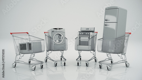Home appliances in the shopping cart. E-commerce or online shopping concept.  photo