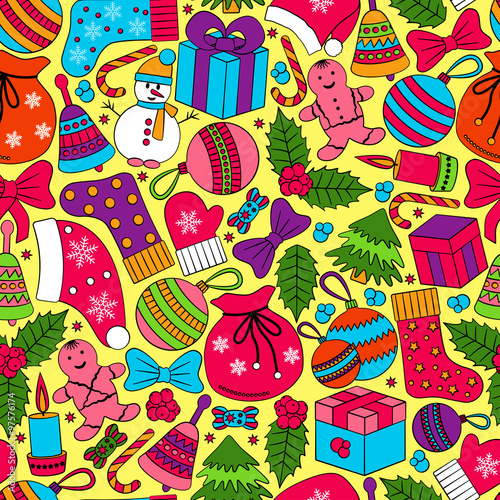 Christmas seamless background with many winter doodles. Greating card. Toys, cookies, snowmen, fir, candies, socks, gifts, bows, snowflakes, stars, hollies, mittens, etc.