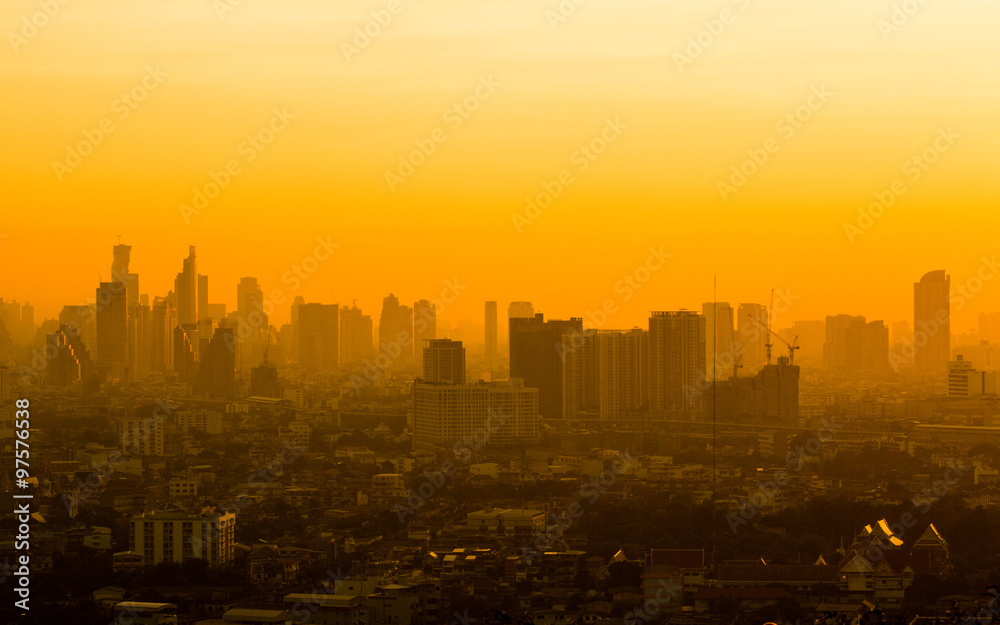 view of Bangkok skyline at sunrise.