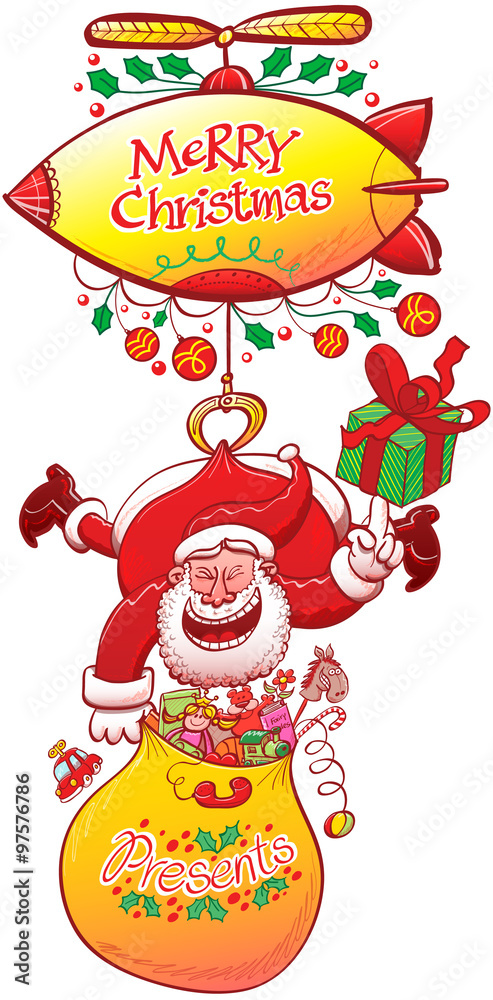 Naklejka premium Clever Santa Claus carrying his presents bag and holding a gift with the tip of his hand while hanging from a zeppelin, thanks to a claw grabbing the back of his red suit, and laughing animatedly