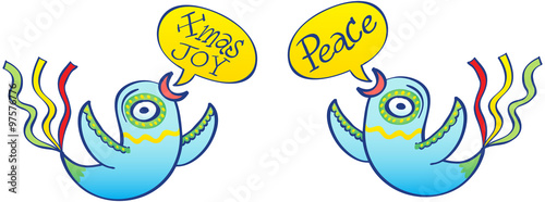 A couple of beautifully decorated blue birds placed symmetrically and face to face while floating and showing speech bubbles with the texts Xmas Joy and Peace