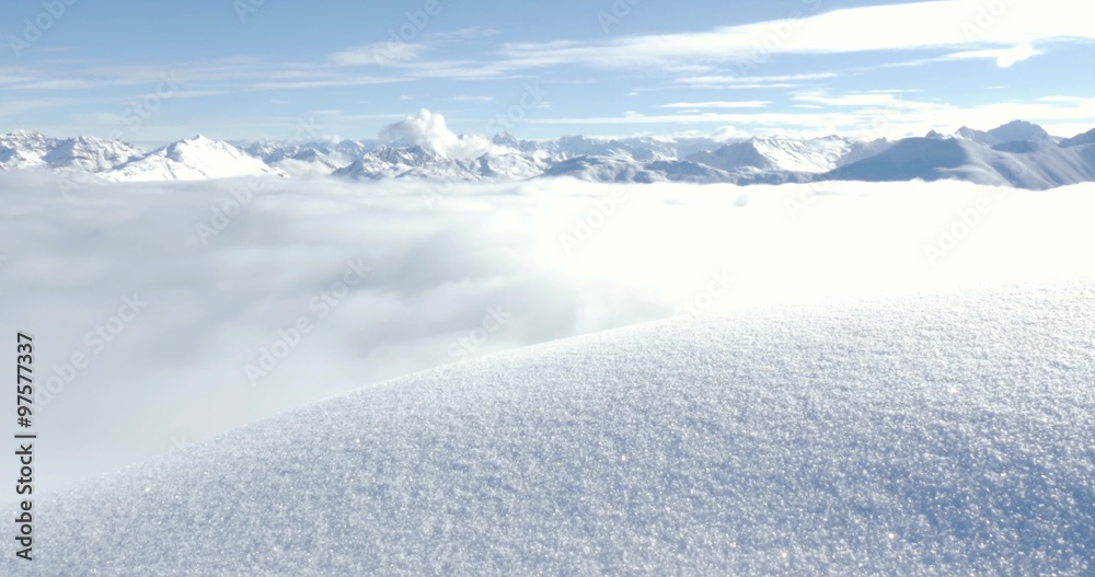 Intact snow in the foreground and mountains view in the background.. RAW FOOTAGE Intact snow in the foreground and mountains view in the background.. RAW FOOTAGE