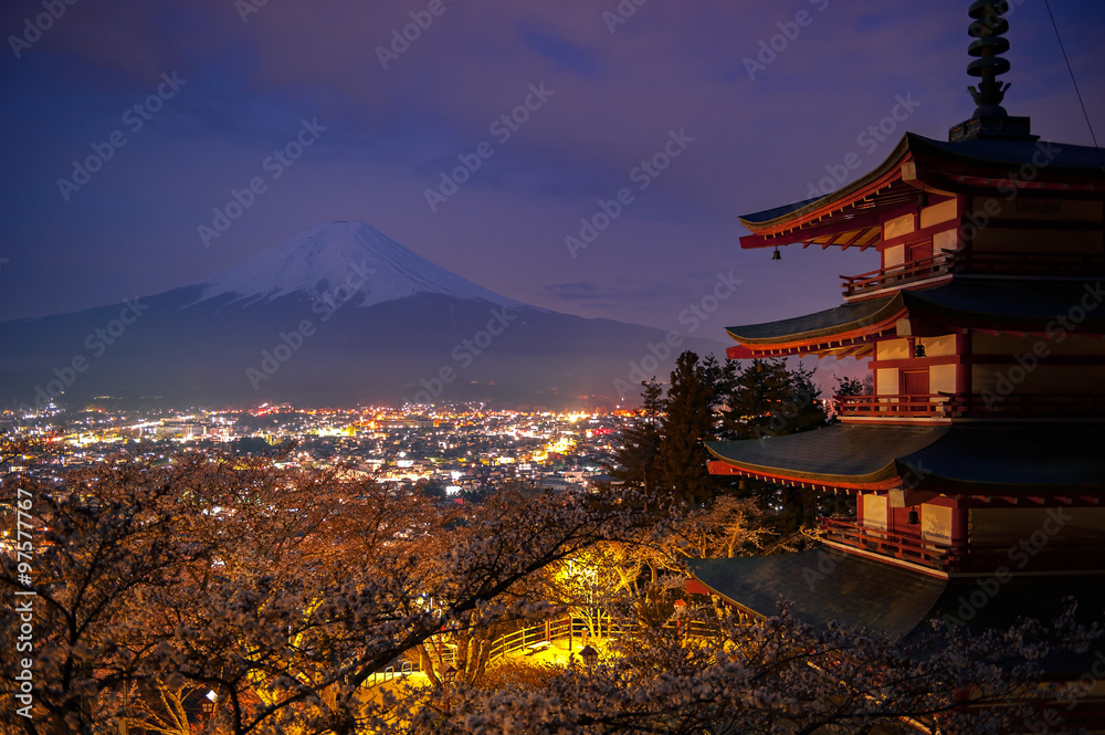 Red pagoda with Mt. Fuji as the background