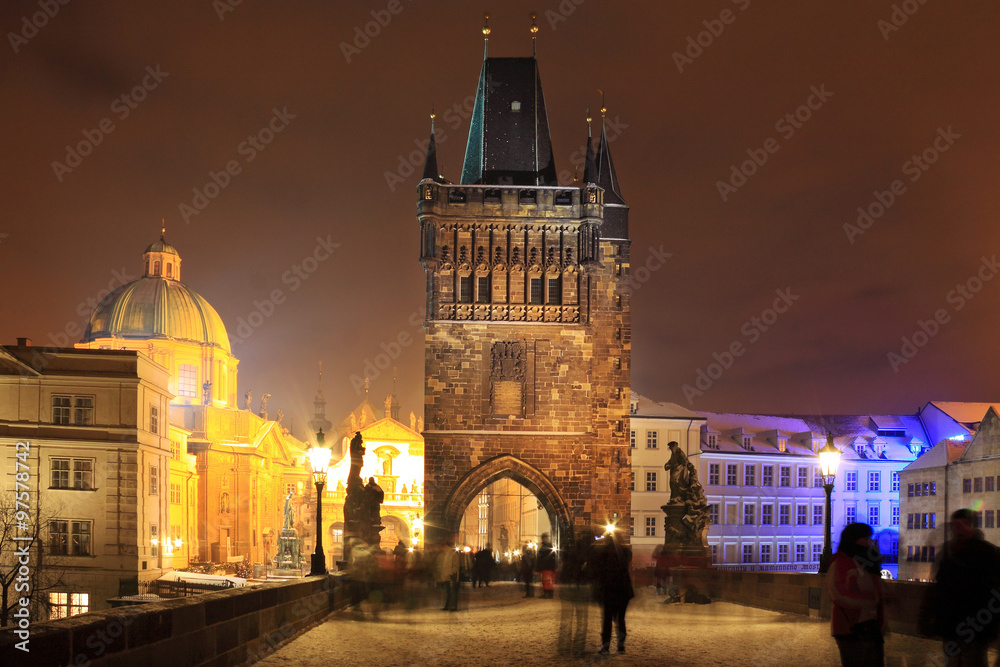 Christmas snowy Prague Old Town in the Night, Czech Republic