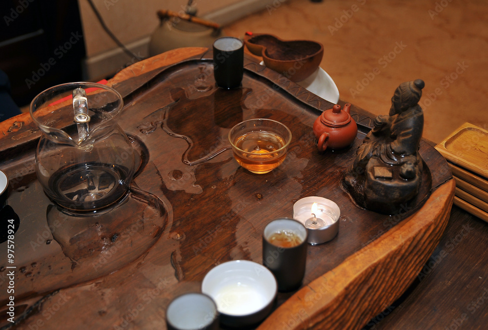 Сhinese tea ceremony desk with cups