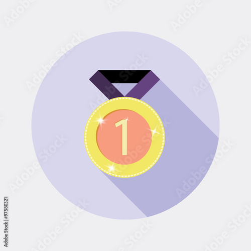 Flat design award gold medal with number one icon with long shadow