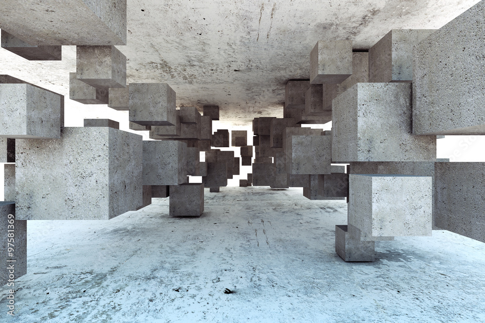 Fototapeta Beton 3D geometryczne bloki betonowe tworzące tunel