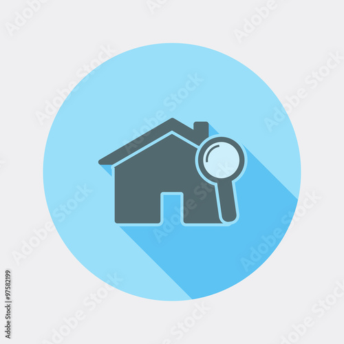 Flat design house with magnifying glass icon with long shadow