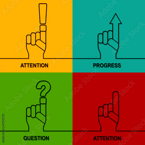Attention, progress, question sign icon. Set of symbol in background. Vector hand.
