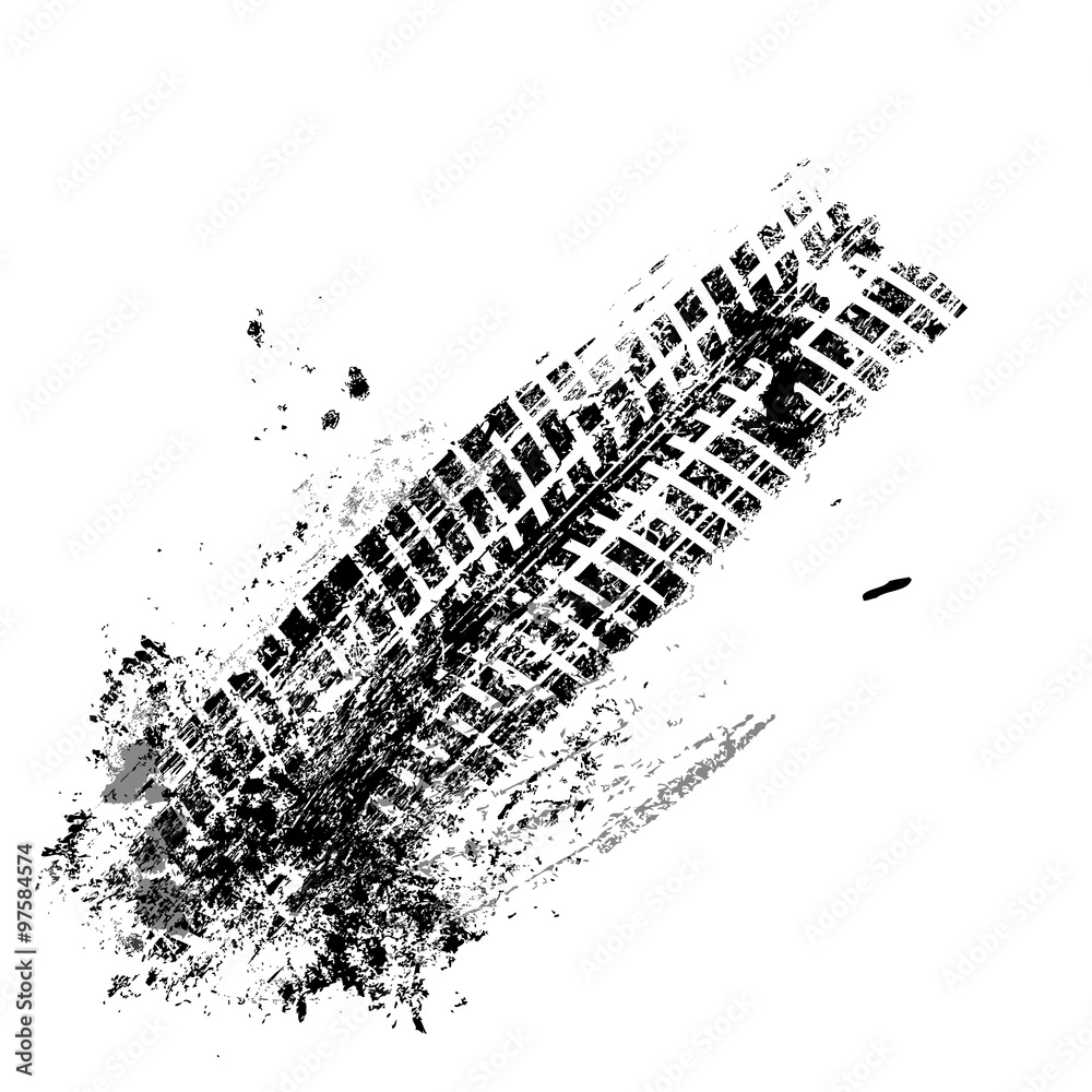 Grunge black tire track on white background, vector