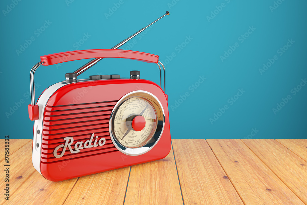 Vintage red radio receiver on wood table. Wallpaper 3d Stock Illustration |  Adobe Stock