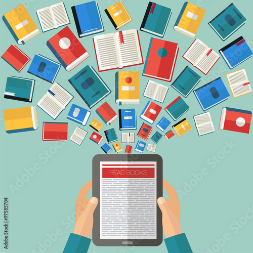 Reading Books and E-Books in Flat Design