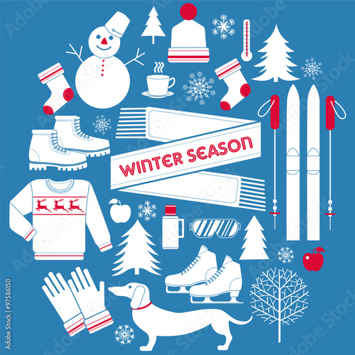Winter Season Icons Set in Retro Style