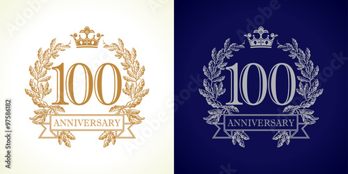 100 anniversary luxury logo. Template logo 100 royal anniversary with a frame in the form of laurel branches and vintage number one hundred.