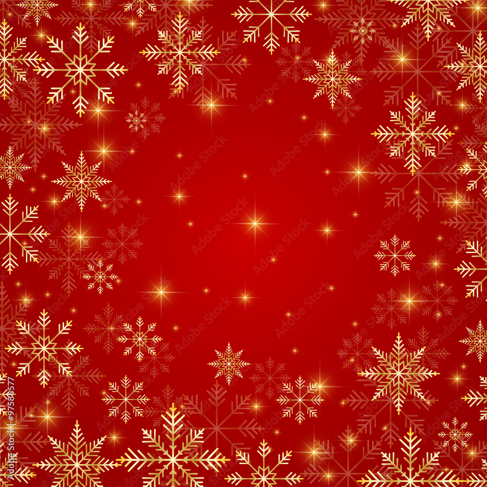 Christmas and New Years red background with golden snowflakes. Vector illustration Christmas and New Years red background with golden snowflakes. Vector illustration