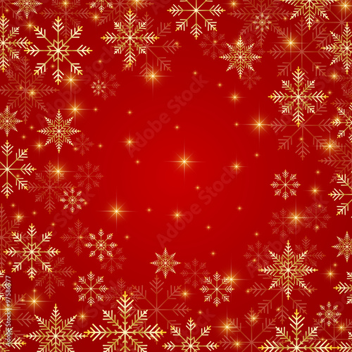 Christmas and New Years red background with golden snowflakes. Vector illustration