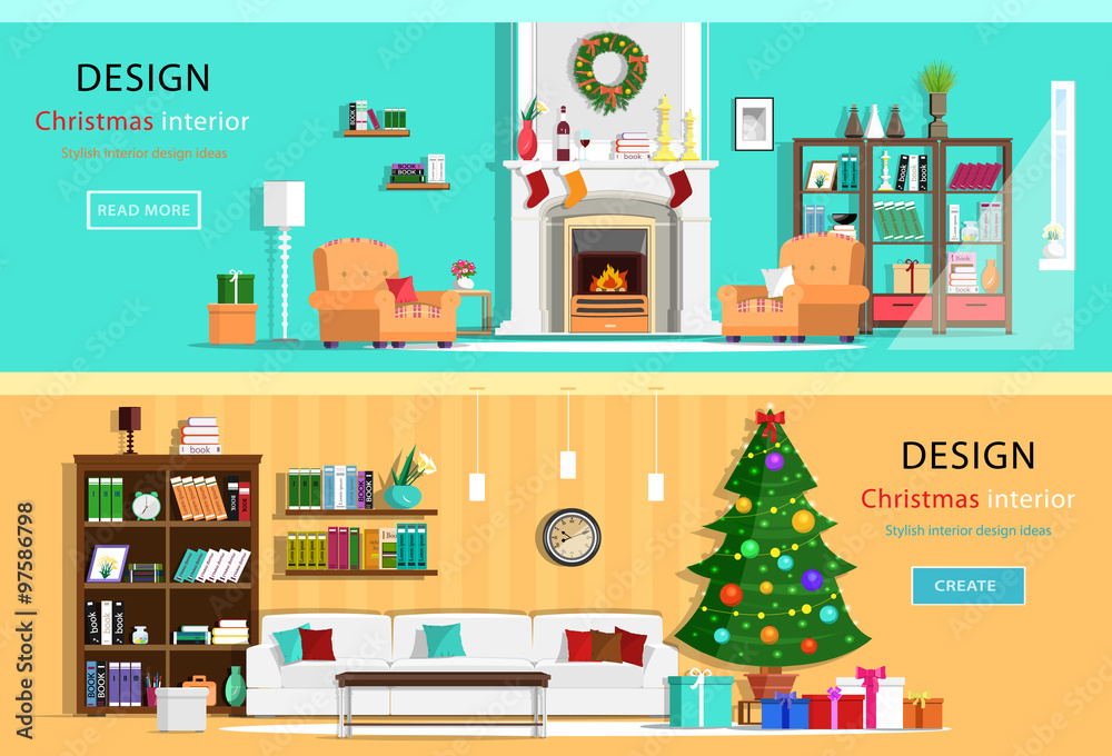 Set of colorful Christmas interior design house rooms with furniture icons. Christmas wreath, Christmas tree, fireplace. Flat style vector illustration