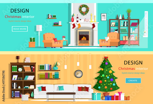Set of colorful Christmas interior design house rooms with furniture icons. Christmas wreath, Christmas tree, fireplace. Flat style vector illustration © marisa__