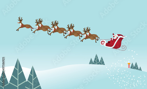 Santa's Ride Santa Claus takes off from the North Pole with his eight tiny reindeer. EPS 8 vector grouped for easy editing.