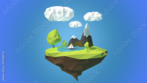 Floating island with mountain and clouds in the sky