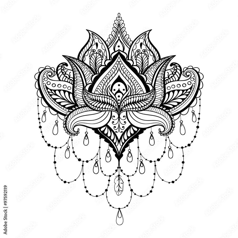 Vector ornamental Lotus, ethnic zentangled henna tattoo, pattern