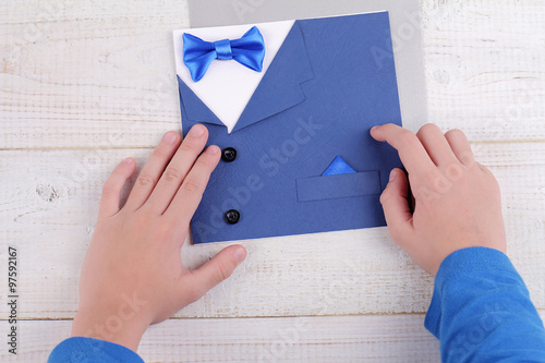 Child Making Greeting Card For Father Handmade Dad Happy Birthday Card Happy Father S Day Card Kids Art Handmade New Year And Christmas Greeting Cards Ideas Stock Photo Adobe Stock
