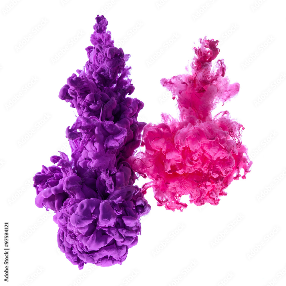 Purple and pink ink splash clouds in water, isolated on white background