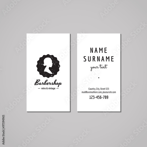 Barbershop business card design concept. Barbershop logo-badge with bun hair style woman profile. Vintage, hipster and retro style. Black and white. Hair salon business card.