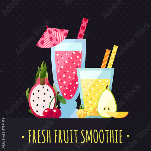 Fruit smoothies (juices) vector background (dragon fruit, cherry, cloud berry, pear and mango). Menu element for cafe or restaurant. Healthy drink. Modern flat design.