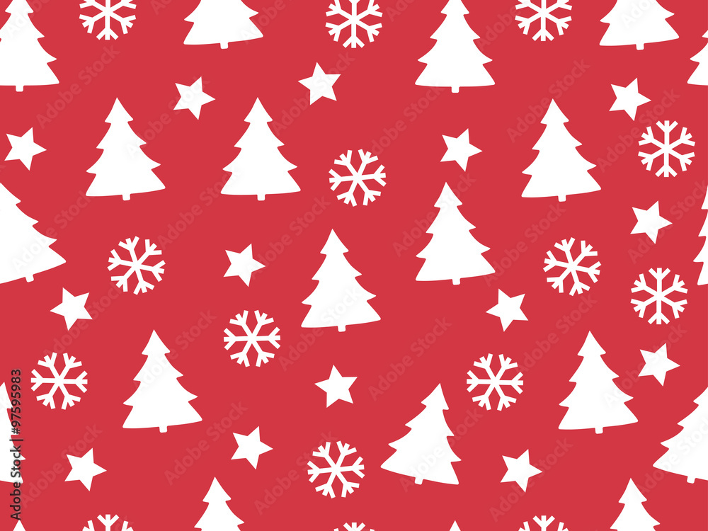 Seamless pattern. Christmas trees and snowflakes on a red backgr