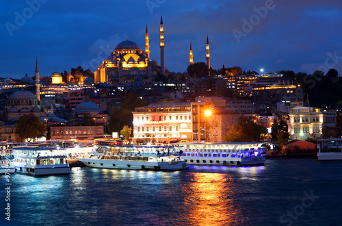 View from Galata Bridge to Suleymanie Mosque in Istanbul, Turkey