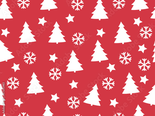 Seamless pattern. Christmas trees and snowflakes on a red backgr