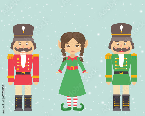 nutcracker red and green and girl elf with braid