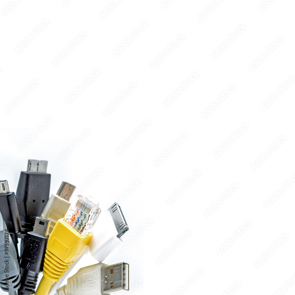 Bunch of computer cables with sockets isolated on a white background. USB cables. LAN cable Bunch of computer cables with sockets isolated on a white background. USB cables. LAN cable