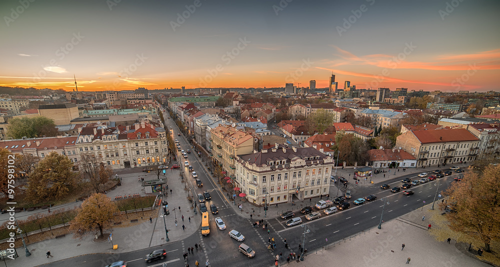 Beautiful sunset in Old Town of Vilnius, Lithuania