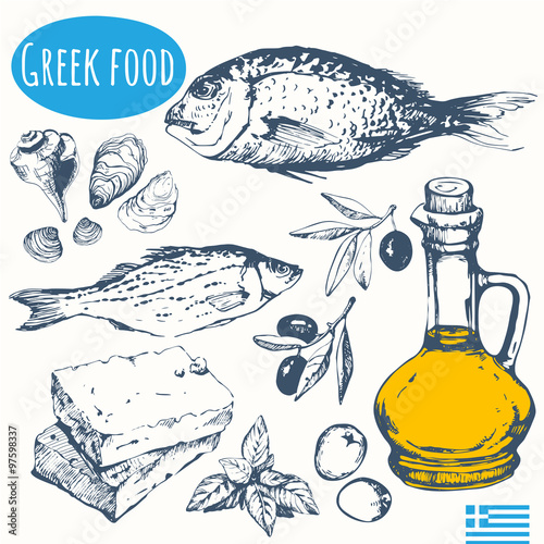 Greek food in the sketch style. Mediterranean traditional products.