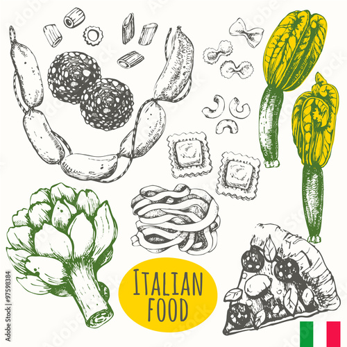 Italian food in the sketch style. Mediterranean traditional products.