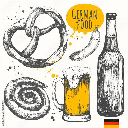 German food in the sketch style. European traditional products. 