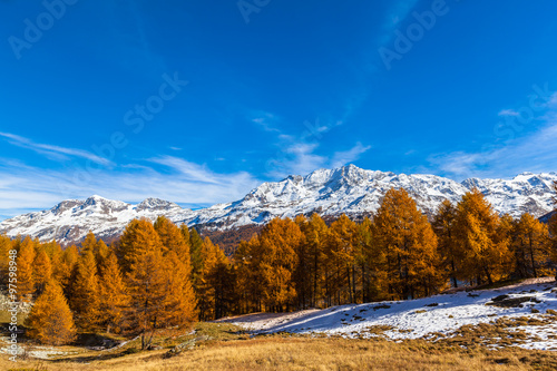 Stunning view Engadin Alps in golden autumn