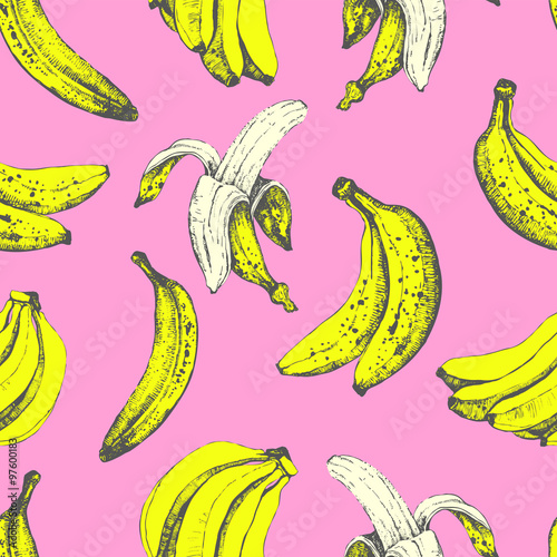 Hand-drawn sketch of banana. Seamless nature background. 