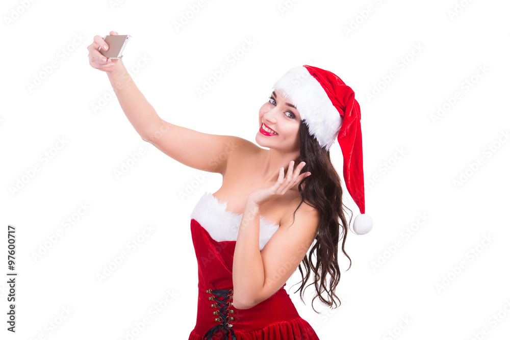 Portrait of beautiful sexy girl wearing santa claus clothes with smartphone Portrait of beautiful sexy girl wearing santa claus clothes with smartphone