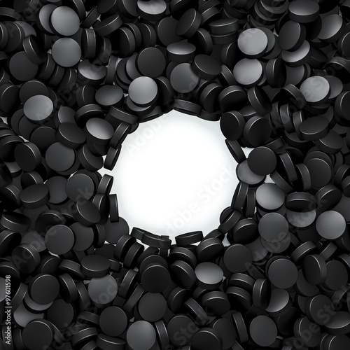 Photography Hockey pucks frame / 3D render of hundreds of hockey pucks framing copy space