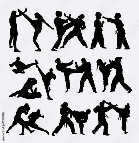 People fighting, duel martial art silhouettes. Good use for symbol, logo, web icon, sticker, mascot, sign, or any design you want. Easy to use, edit, or change color.