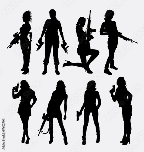 Woman and gun silhouettes. Good use for symbol, logo, icon, mascot, avatar, or any design you want. Easy to use, edit, or change color.