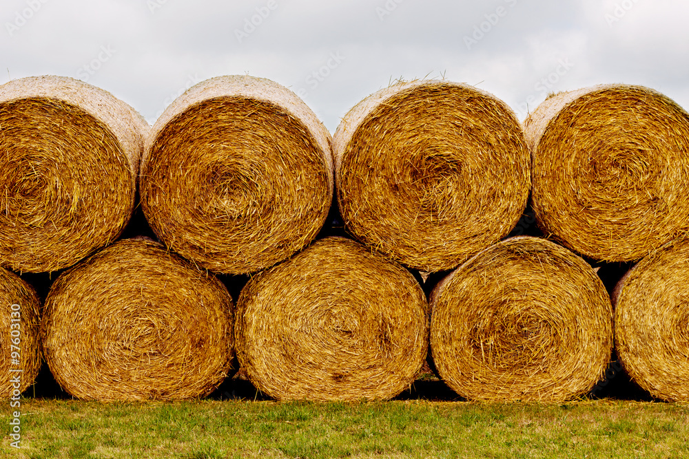 Hay bales on the field after harvest. A stack of hay. Hay bales on the field after harvest. A stack of hay.