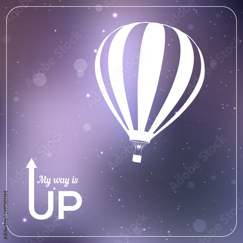 "My way is UP" hot air balloon vector illustration. White silhouette in vibrant sparkling violet background
