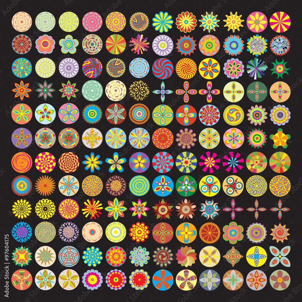 Fototapeta premium Over 100 flower icon in color, mod flowers, flat style floral circle blooms. Super bundle of floral circular design elements. silhouette icons, isolated. 