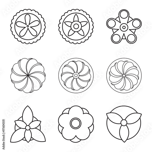 Hipster geometrical circular flowers, floral design elements, set of isolated linear graphical logos, icons, flower objects. 