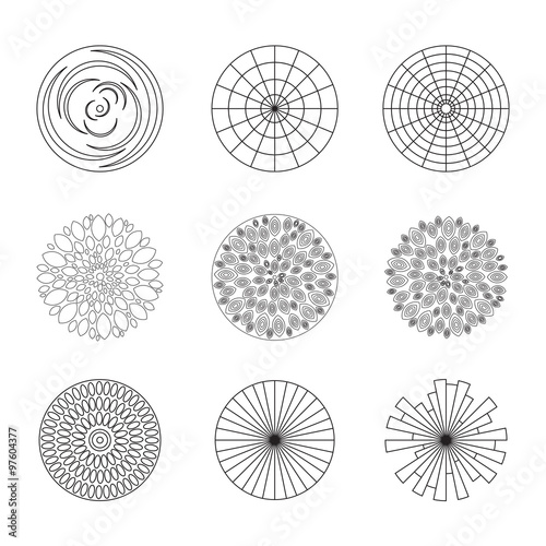 Flowers design element for coloring page book. Hipster geometrical circular flowers, floral design elements, set of isolated linear graphical logos, icons, flower objects. 