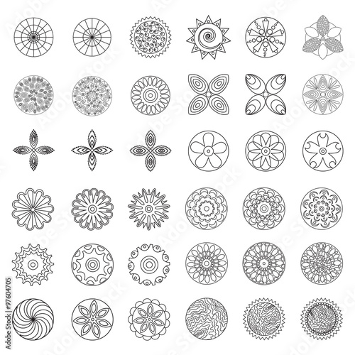 Flowers design element for coloring page book. Hipster geometrical circular flowers, floral design elements, set of isolated linear graphical logos, icons, flower objects. 